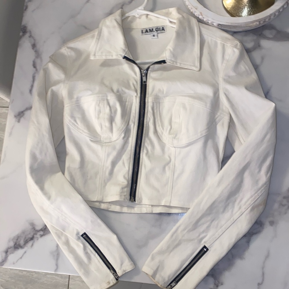 White I.am.gia long sleeve corset top black jacket collar